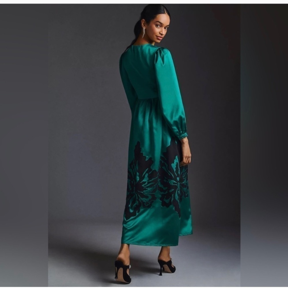 Anthropologie Nikasha Embroidered Satin midi V neck Dress autumn wedding guest - Picture 3 of 14